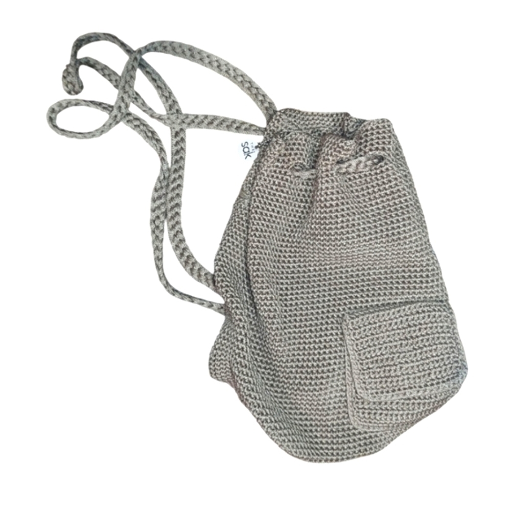 The Sak Beige Khaki Crochet Drawstring Hobo Backpack Knit Shoulder Bucket Bag